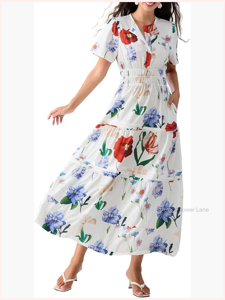 Smocked Tiered V Neck Flowy Maxi Dress With Pockets